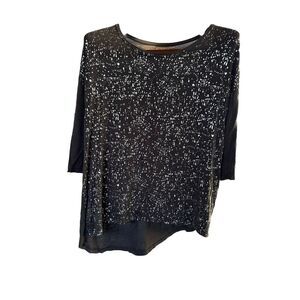 Danielle M Gray Long Sleeve Tunic Top Uneven Hem Metallic Silver‎ Long Sleeve